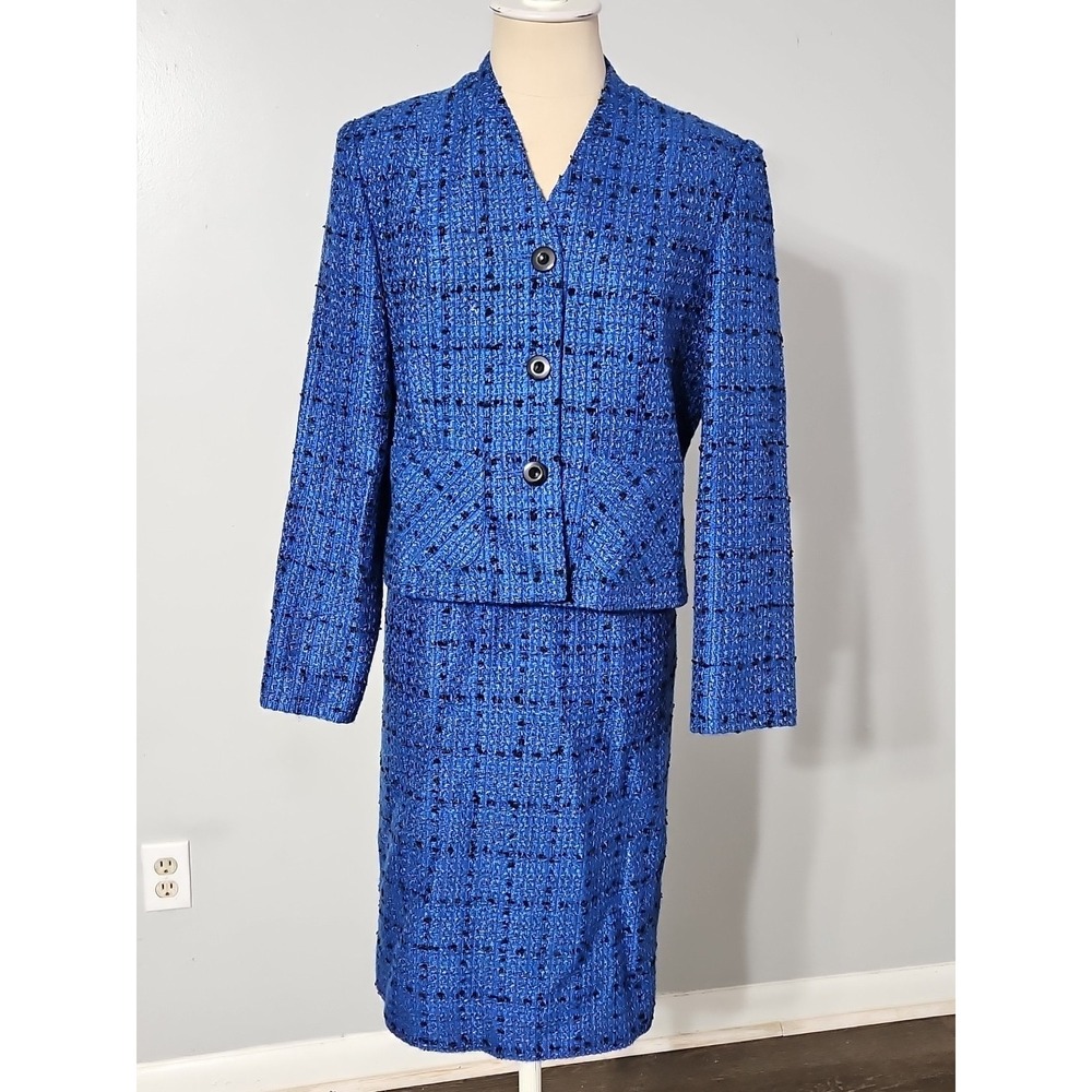 Vintage Henry Lee Women's 8 Petite Tweed  Skirt Suit Set Blue Carrer Office